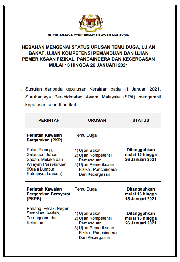 Status Urusan Terikini Temu Duga Ujian SPA Mulai 13 Hingga 26 Januari 2021