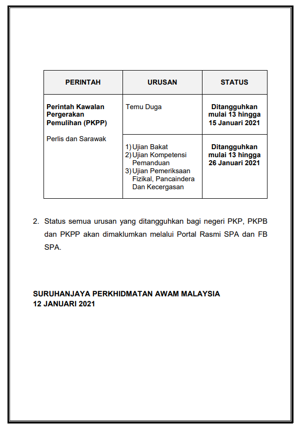 Status Urusan Terikini Temu Duga Ujian SPA Mulai 13 Hingga 26 Januari 20211