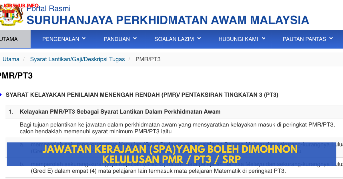 Jawatan Kerajaan (SPA)Yang Boleh Dimohnon Kelulusan PMR / PT3 / SRP